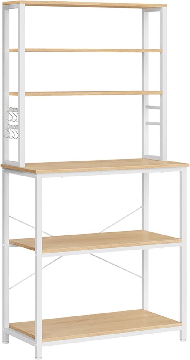 Keukenrek - Keukenkast - Met 6 planken en 6 haken - Metalen frame - Wit Bruin