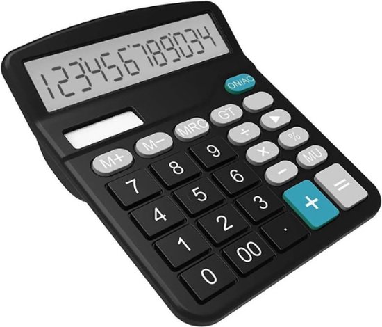Calculatrice - Basis - 12 chiffres - LCD avec grand écran - Dual Power (solaire et batterie) - École - Bureau - Maison - Zwart