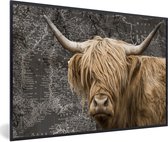 Fotolijst incl. Poster - Schotse hooglander - Wereldkaart - Dieren - 30x20 cm - Posterlijst