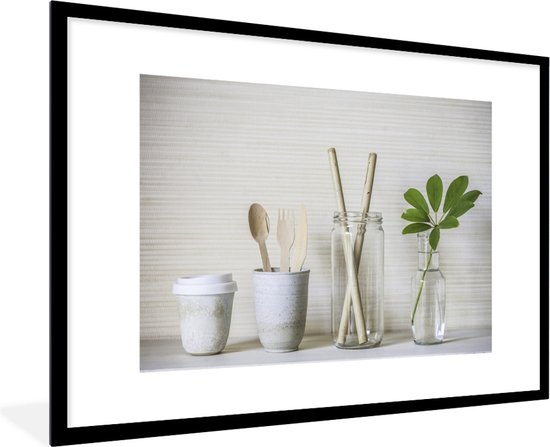 Réduisez les déchets à l'aide de cette tasse à café avec des couverts en bois bocal en verre avec des pailles en bois et le vase en verre assure un monde plus propre 90x60 cm