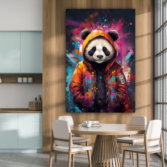 Tableau sur toile Panda - Manteau - Graffiti - Oranje - 120x180 cm - Décoration murale XXL