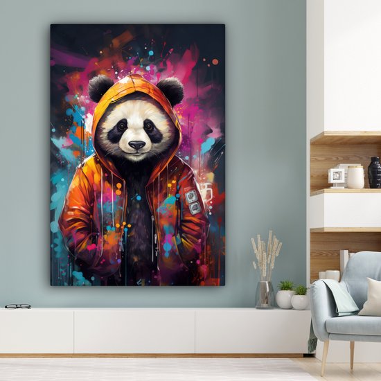 Tableau sur toile Panda - Manteau - Graffiti - Oranje - 120x180 cm - Décoration murale XXL