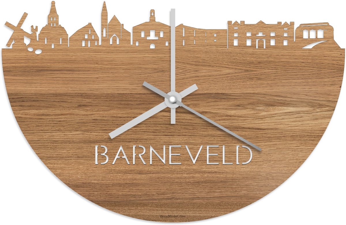 Skyline Klok Barneveld Eikenhout - Ø 40 cm - Stil uurwerk - Wanddecoratie - Meer steden beschikbaar - Woonkamer idee - Woondecoratie - City Art - Steden kunst - Cadeau voor hem - Cadeau voor haar - Jubileum - Trouwerij - Housewarming - WoodWideCities