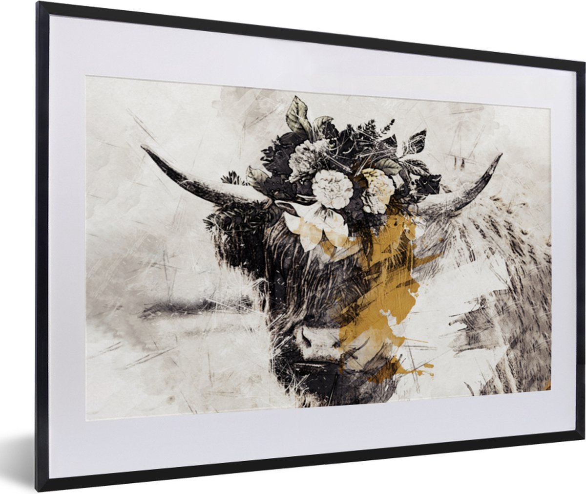 Fotolijst incl. Poster - Schotse hooglander - Goud - Wit - Verf - 60x40 cm - Posterlijst