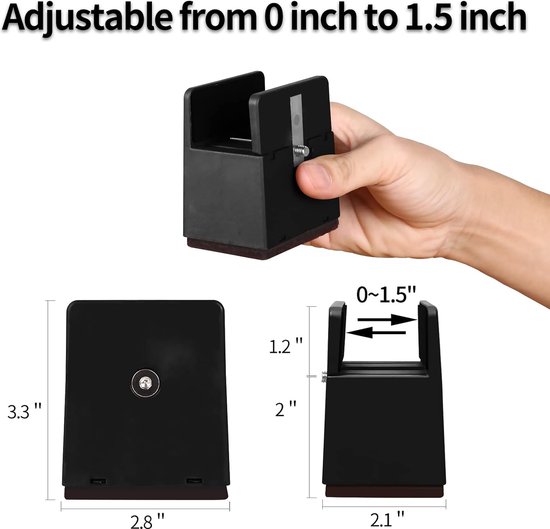 Fzzuzdlap Bedverhogers, 4 inch verstelbare bureauverhogingsblokken met schroefklem, 4 stuks zware stoelverhogers, past op 0-2 inch breedtes, duurzaam, eenvoudig te installeren, gemakkelijk te