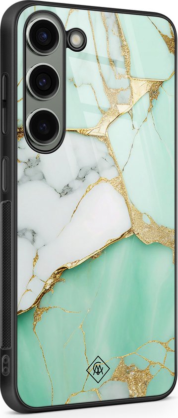 Verre de boîtier Samsung Galaxy S23 - Marbre menthe or - Vert lime - Étui rigide Zwart - Étui de téléphone de couverture arrière - Marbre - Casimoda