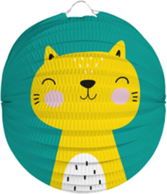 Bol lampion kat/poes - blauw - 22 cm - papier - met lampionstokje - 40 cm — afbeelding 3