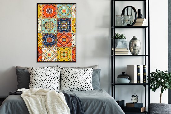 Fotolijst incl. Poster - Vintage - Bloemen - Patroon - Wit - Oranje - 80x120 cm - Posterlijst