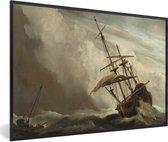 Fotolijst incl. Poster - Een schip in volle zee bij vliegende storm - Schilderij van Willem van de Velde - 60x40 cm - Posterlijst