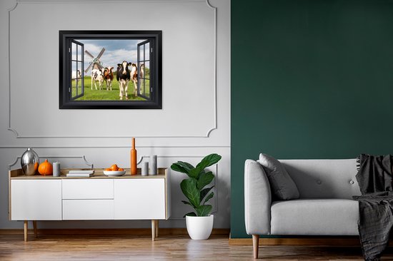 Poster in lijst - Fotolijst 80x60 cm - Posters - Doorkijk - Koe - Molen - Koeien - Weiland - Gras - Groen - Posterlijst zwart - Decoratie - Wanddecoratie woonkamer - Muurdecoratie slaapkamer