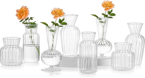 Kleine vazen ​​voor tafeldecoratie, 8-delige minivazenset, glazen bloemenvaas, helderglazen vaas, verschillende maten voor decoratie, woonkamer, moderne bruiloftsdecoratietafel