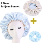 2 STUKS Satijnen Bonnet + Scrunchie - Satijnen Slaapmuts - Bonnet voor Krullen - Haar Bonnet - Hair Bonnet - Satin Bonnet - Afro - Unisex Licht Blauw - Baby Blauw - Light Blue