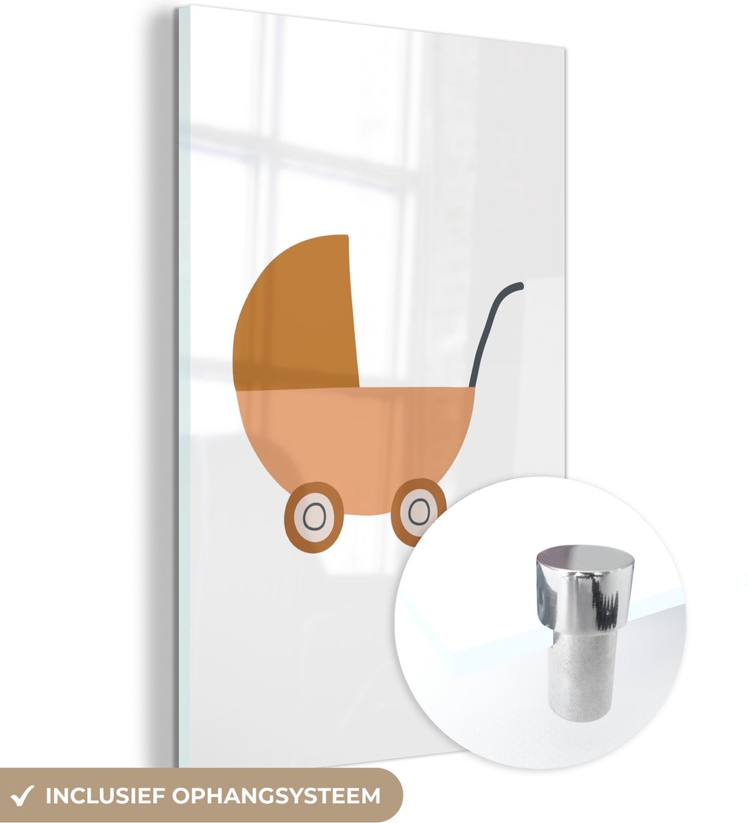 MuchoWow® Glasschilderij 80x120 cm - Schilderij acrylglas - Kinderwagen - Babykamer - Pastel - Bruin - Kinderen - Foto op glas - Schilderijen