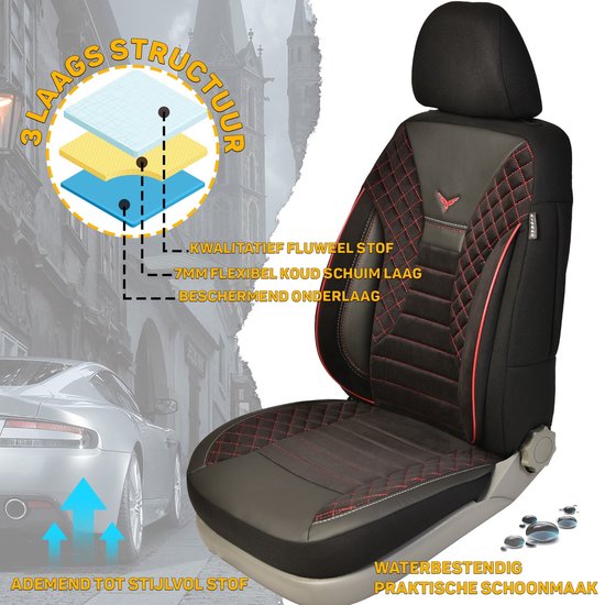 Autostoelhoezen Voor Fiat Panda Typ 169 2003 2012 Set Van 2 AIE401 Zwart Met Rode Stiknaden 2930691887