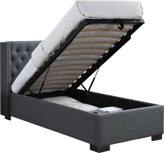 Bed met opbergruimte – 90 x 200 cm – Met gecapitonneerd hoofdbord – Stof – Grijs – MASSIMO L 214.5 cm x H 111 cm x D 107.5 cm