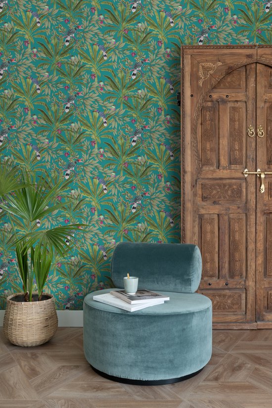 Papier peint ESTAhome feuilles de jungle tropicale et oiseaux de paradis bleu pétrole et vert jungle - 0- 0,53 x 10,05 m
