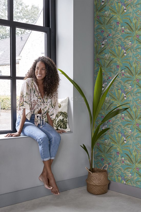 Papier peint ESTAhome feuilles de jungle tropicale et oiseaux de paradis bleu pétrole et vert jungle - 0- 0,53 x 10,05 m