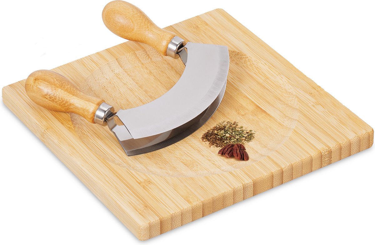 wiegemes met plank - bamboe - rvs - dubbel - snijplank kruiden - 20 x 20 cm