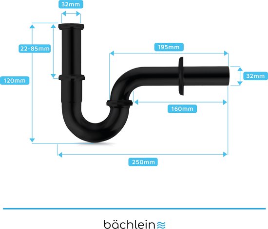 Bächlein Premium universele sifon voor wastafel (standaard 85mm ZWART) - stankafsluiter incl. rubber manchet + montagehandleiding - buisvormige sifon - Bächlein