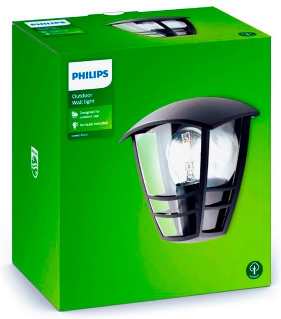 Doos van Philips Creek buitenwandlamp, zwart. Met illustratie van de lamp.
