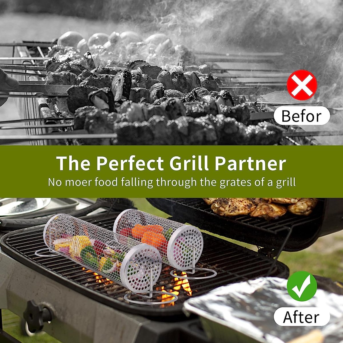 Grille Barbecue,Accessoires Barbecue, Paniers De Cuisson Pour Barbecue,  Paniers à Griller Roulants Pour Les Grillades En Plein Air, Parfait