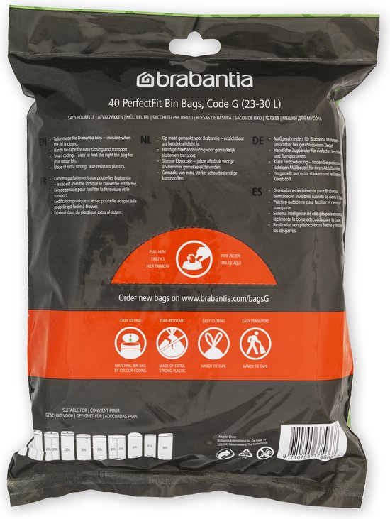 Brabantia PerfectFit sac poubelle avec fermeture code G, 23-30 litres, 40 pcs/distributeur - White
