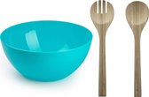 Salade serveer schaal - blauw - kunststof - Dia 28 cm - incl. bamboe Sla couvert/bestek