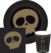 Halloween/horror doodshoofd/schedel feest servies bordjes/servetten/bekertjes - 52x - zwart - papier