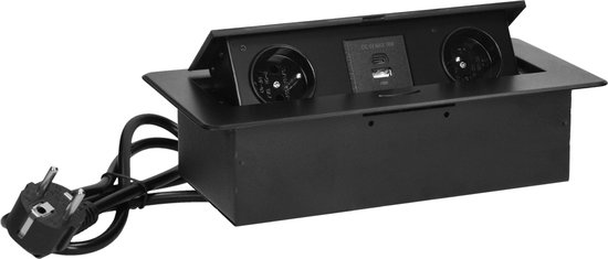 Zwarte, ingebouwde bureau stekkerdoos met deksel open, 2 stopcontacten, 1 USB-A en 1 USB-C poort.