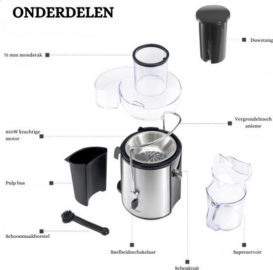 Juicer Groente En Fruit – High Powered  850 W  Met 2 Snelheden Centrifugaal Sinaasappel En Citrusvruchten Juicer Machine Voor Fruit En Groenten Brede Opening 75 Mm Antislip Basis