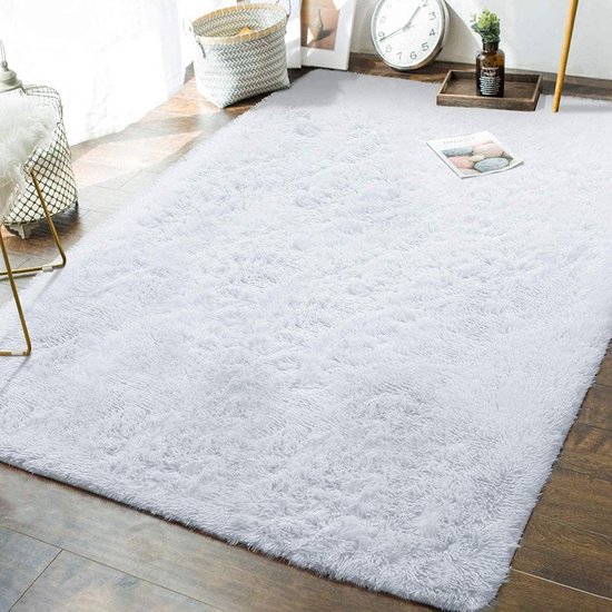 Vloerkleden slaapkamer pluizig zacht hoogpolig tapijt anti-slip tapijt woonkamer moderne tapijten wasbaar (wit, 135 x 185 cm)