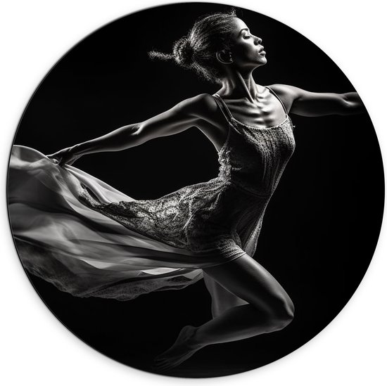 Dibond Muurcirkel - Ballerina Meisje aan het Dansen (Zwart-wit) - 70x70 cm Foto op Aluminium Muurcirkel (met ophangsysteem)