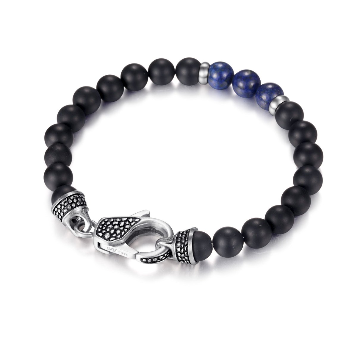 Magnetox X Kingka - Reptile Design - Armband - Zilver + Zwarte Matte Onyx, Glanzende Blauwe Lapis - Roestvrij Staal - Mannen - 21cm
