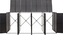 Een open, grijze containerberging met vijf deuren, gesloten met metalen frame.