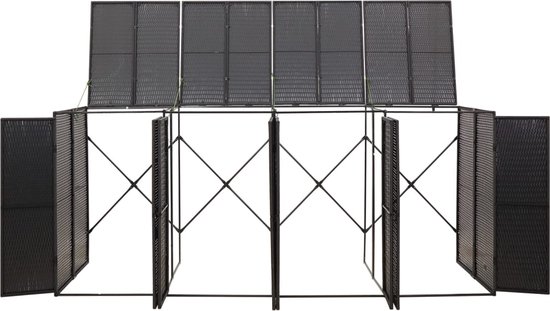 Een open, grijze containerberging met vijf deuren, gesloten met metalen frame.