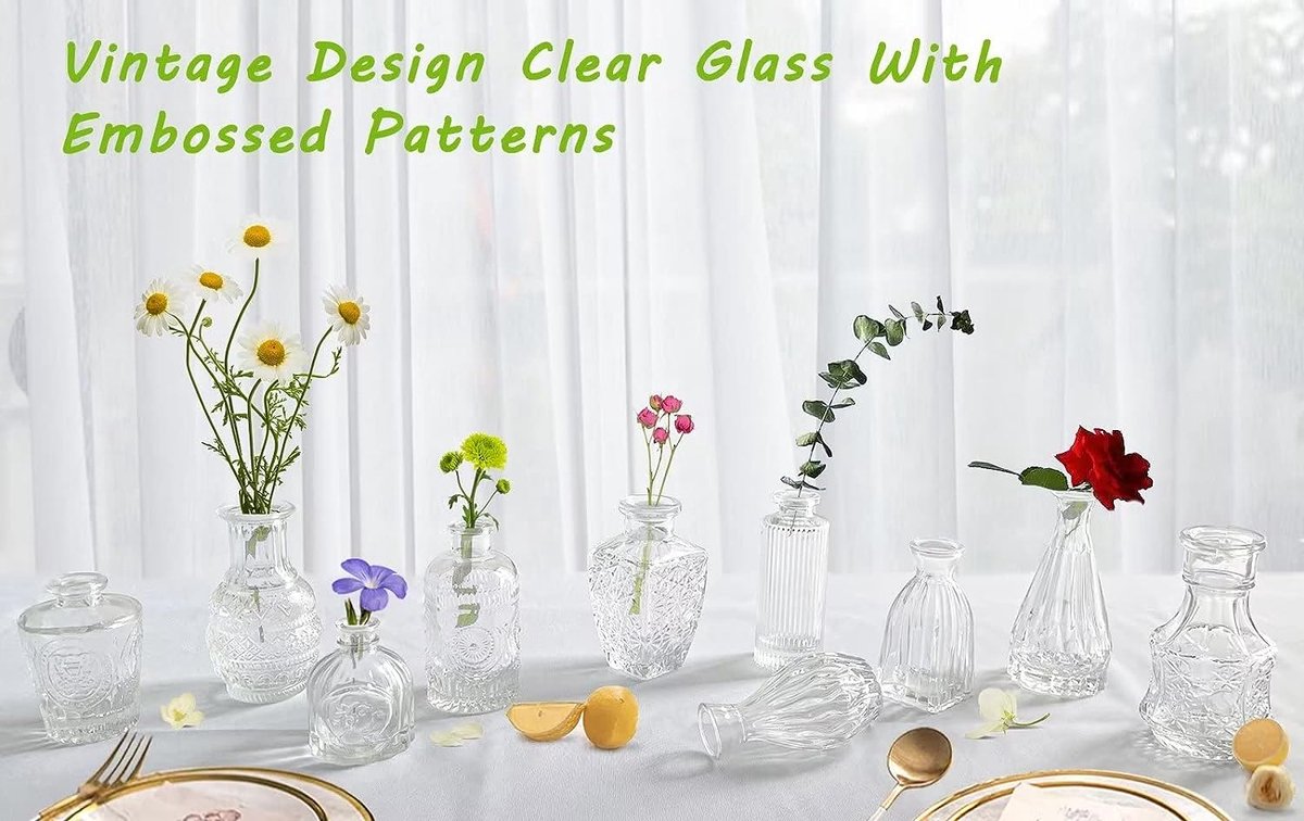CUCUMI 14 stks Glazen Bud Vaas Set, Kleine Amber Vazen voor Centerpieces in Bulk, Mini Vintage Glazen Bloem Vazen voor Bruiloft Thuis Tafel Party Decor