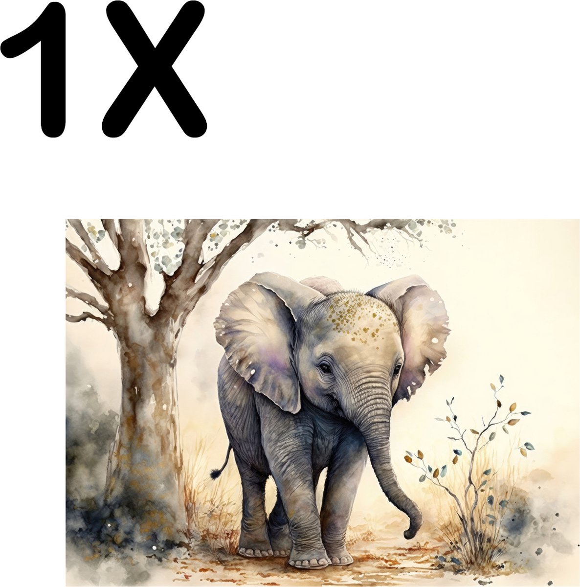 BWK Textiele Placemat - Getekende Schattige Baby Olifant naast een Boom - Set van 1 Placemats - 40x30 cm - Polyester Stof - Afneembaar
