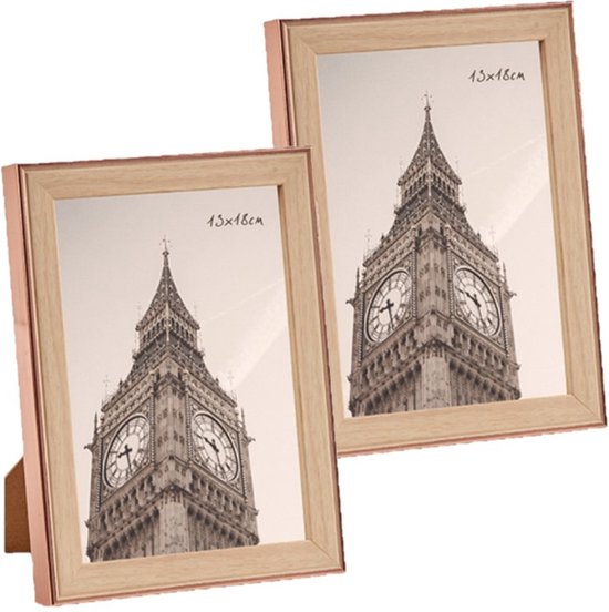 2x stuks kunststof fotolijst koper met hout geschikt voor een foto van 13 x 18 cm