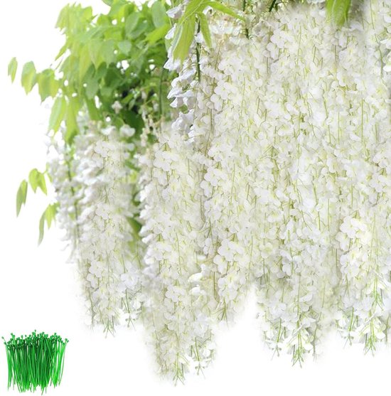 Kunstbloemen Wisteria Vine (24 stuks 110cm elk 100 draadbinders) Bloemenplanten hangend voor bruiloftsfeest Tuindecoratie (wit)