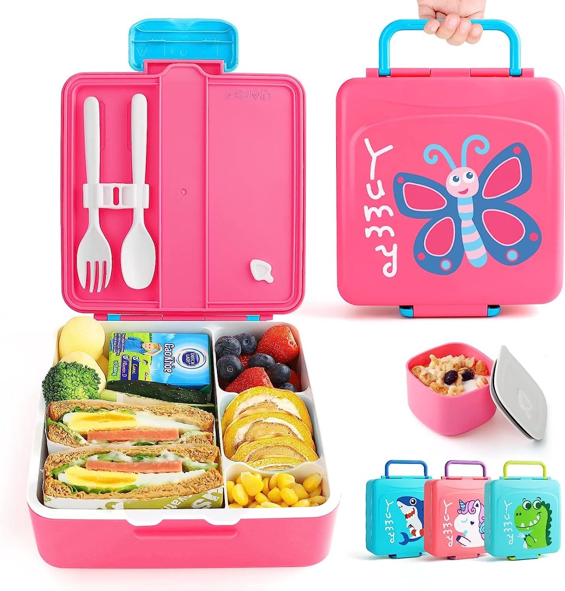 SHOP YOLO - Lunchbox kinderen - Broodtrommel voor kindere met draaggreep - 4 vakken- 1,3 L - Vlinder roze