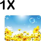 BWK Flexibele Placemat - Gele Bloemen met Blauwe Lucht en Bellen - Set van 1 Placemats - 40x30 cm - PVC Doek - Afneembaar
