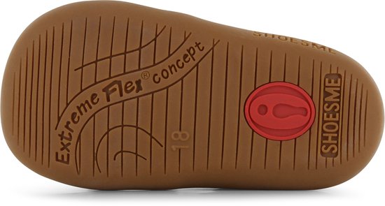 Onderkant van bruine Shoesme booties. 'Extreme Flex concept' en maat 18.