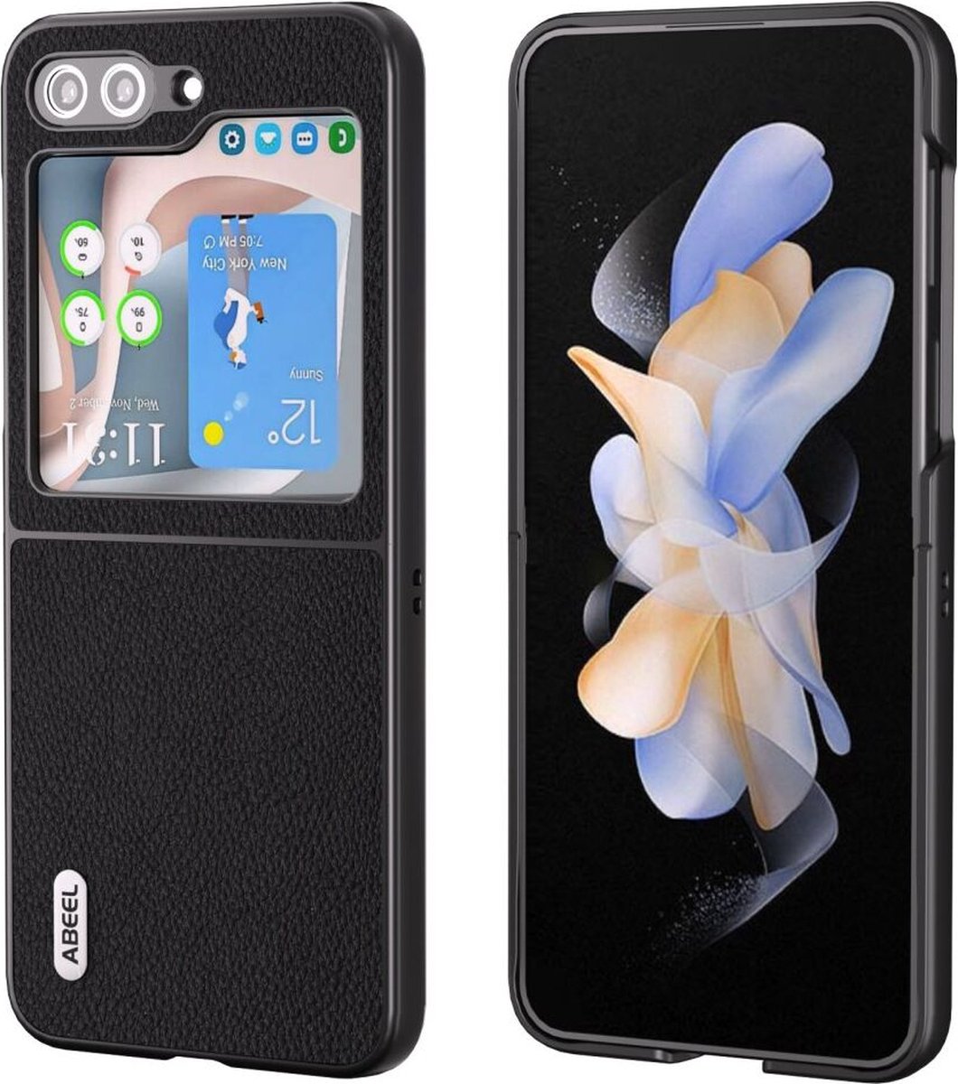 ABEEL Hoesje Geschikt voor Samsung Galaxy Z Flip 5 - Back Cover met Litchi Textuur - Echt Leer Case - Zwart
