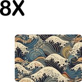 BWK Stevige Placemat - Japanse Styl Golven Getekend - Set van 8 Placemats - 35x25 cm - 1 mm dik Polystyreen - Afneembaar