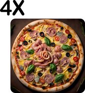 BWK Flexibele Placemat - Pizza met Ham en Olijven op Donkere Achtergrond - Set van 4 Placemats - 40x40 cm - PVC Doek - Afneembaar