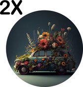 BWK Luxe Ronde Placemat - Kustige Bloemen Auto - Set van 2 Placemats - 50x50 cm - 2 mm dik Vinyl - Anti Slip - Afneembaar