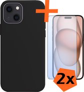 Hoesje Geschikt voor iPhone 15 Plus Hoesje Siliconen Cover Case Met 2x Screenprotector - Hoes Geschikt voor iPhone 15 Plus Hoes Back Case - Zwart