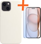 Hoesje Geschikt voor iPhone 15 Hoesje Siliconen Cover Case Met Screenprotector - Hoes Geschikt voor iPhone 15 Hoes Back Case - Wit