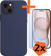 Hoesje Geschikt voor iPhone 15 Hoesje Siliconen Cover Case Met 2x Screenprotector - Hoes Geschikt voor iPhone 15 Hoes Back Case - Donkerblauw