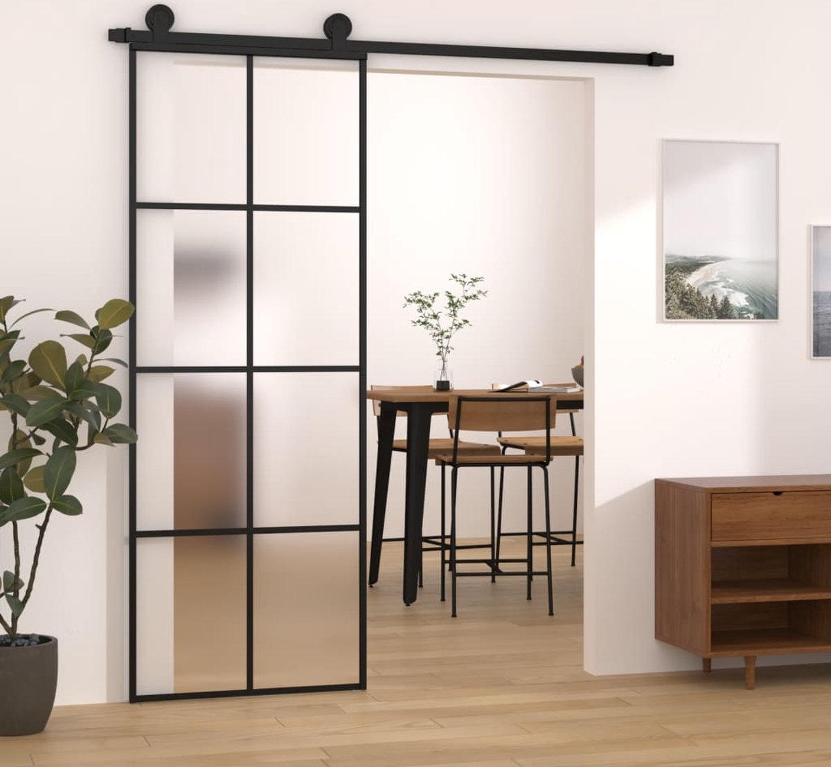 The Living Store Schuifdeur Zwart - 76 x 205 cm - Mat ESG-glas - Aluminium Frame - Stabiel - Veilig - Privacy - Eenvoudige Installatie